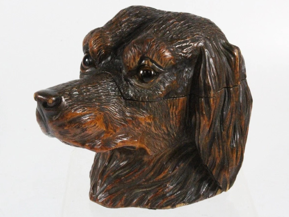 Swiss Brienz Carved Wood Dog’s Head Inkwell