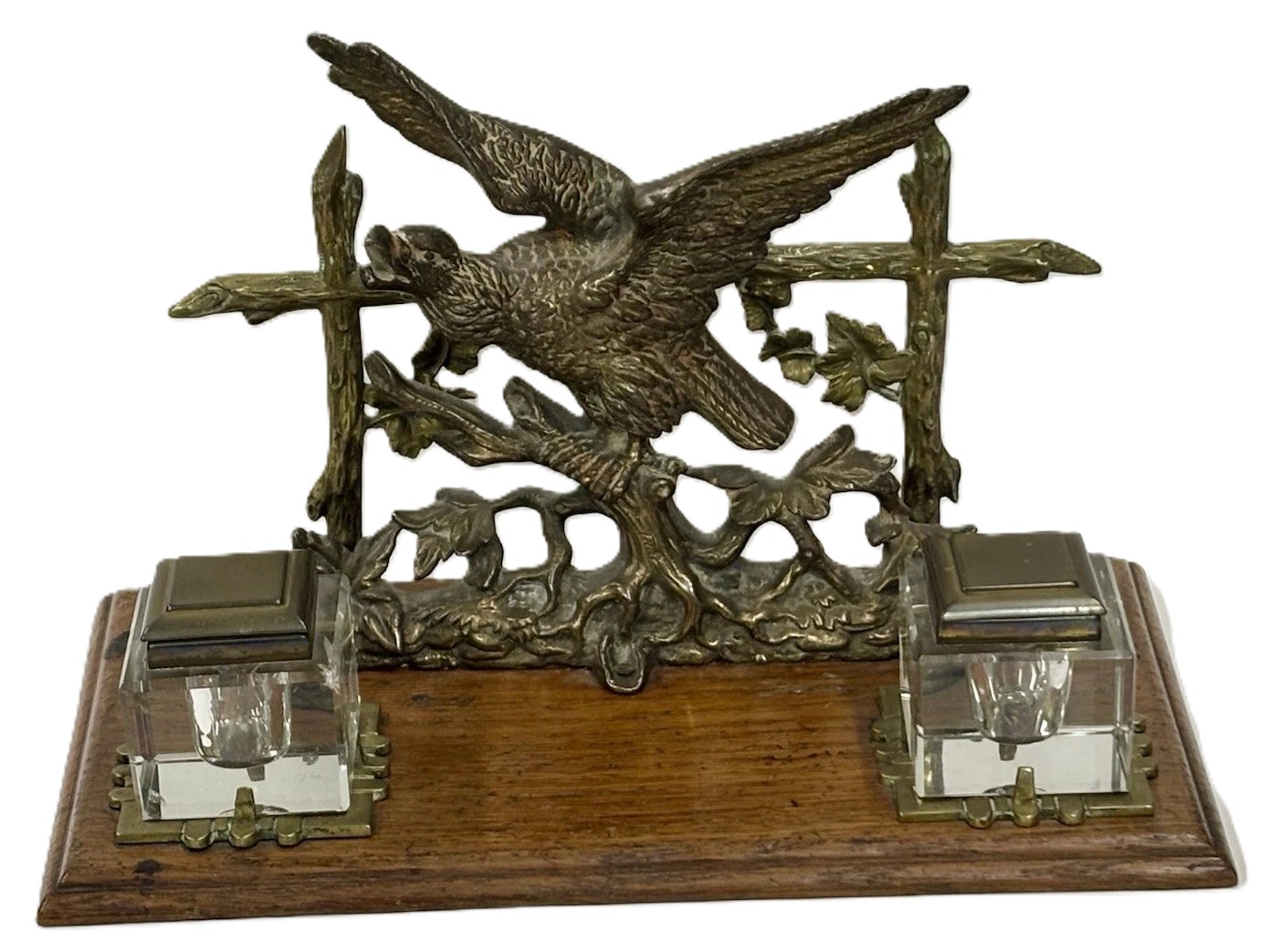 Oak & Cast Brass Eagle Double Inkstand