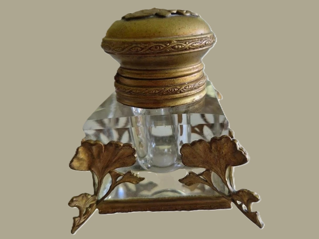 French Art Nouveau Crystal and Gilt-Brass Inkwell