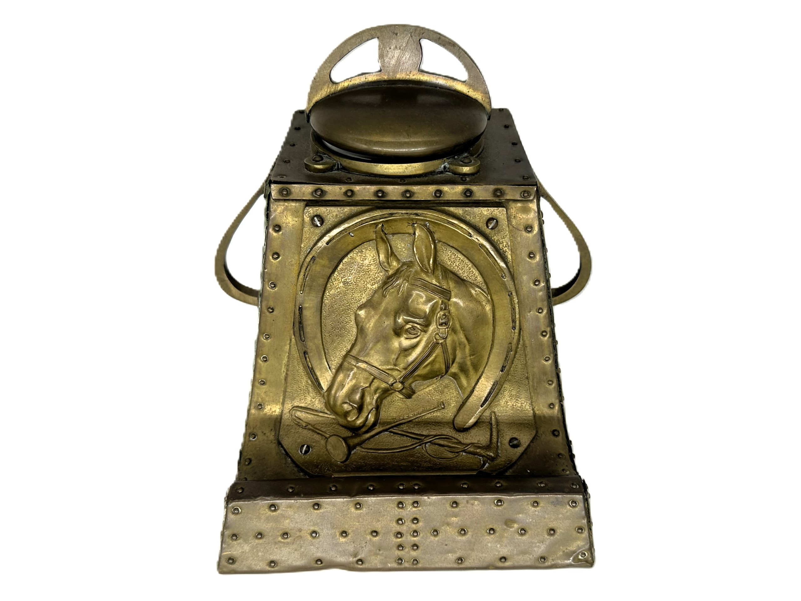 Arts & Crafts Studded Brass Horsehead Inkwell