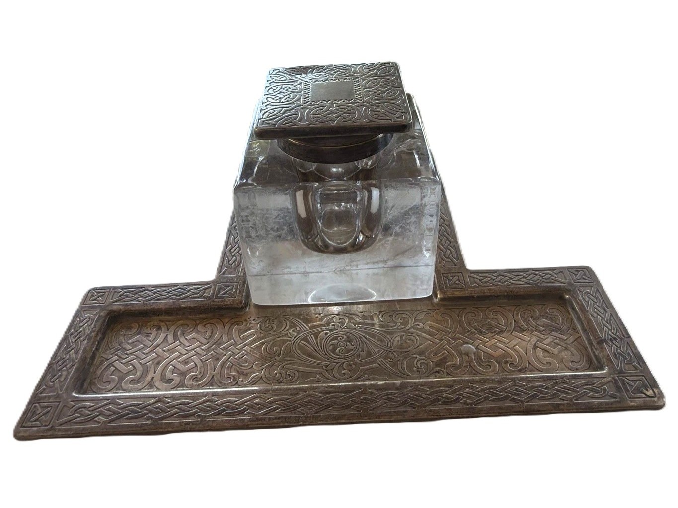 Arts & Crafts Knox-Attributed Celtic Knotwork Inkstand & Glass Well