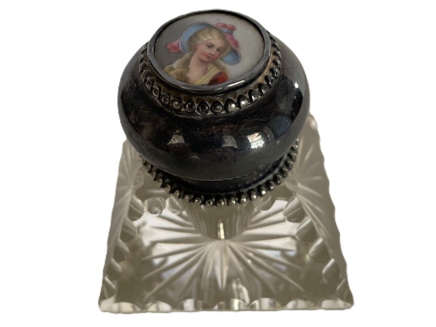 Cut Glass Inkwell with Miniature Portrait Inset