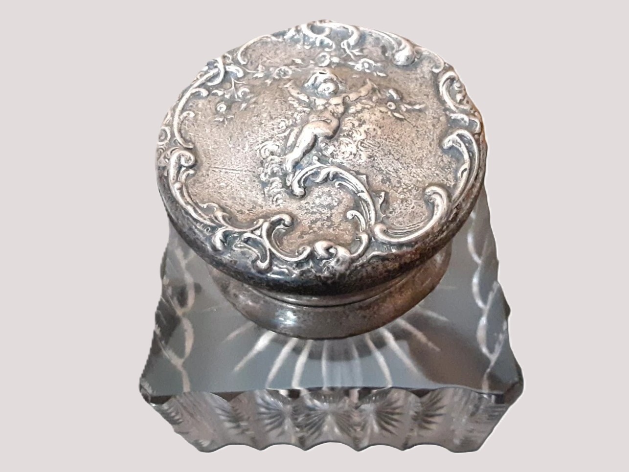 Cut Glass & Sterling Silver Lid – Cherub in Relief
