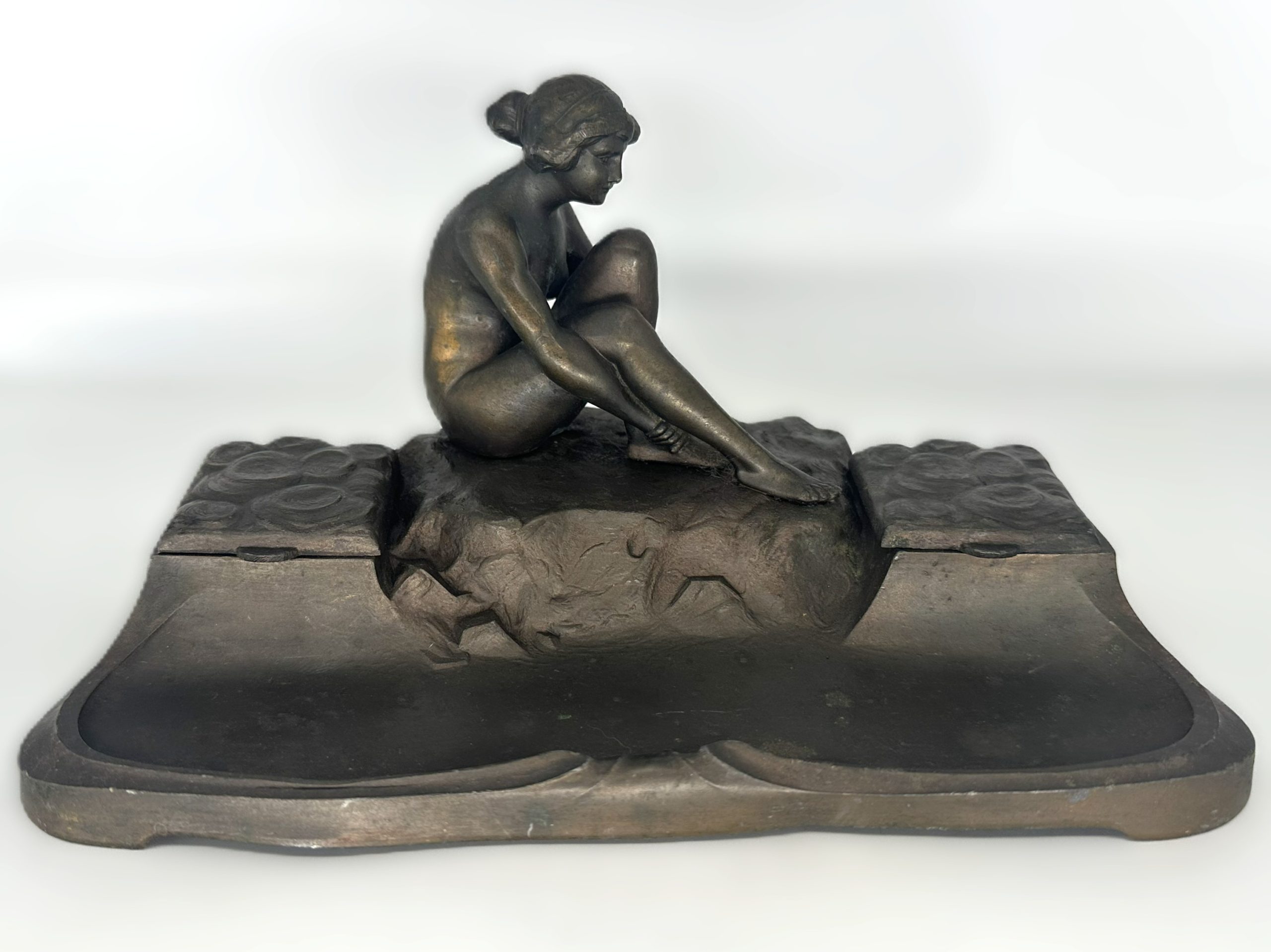 Spelter Double Inkstand with Seated Nude