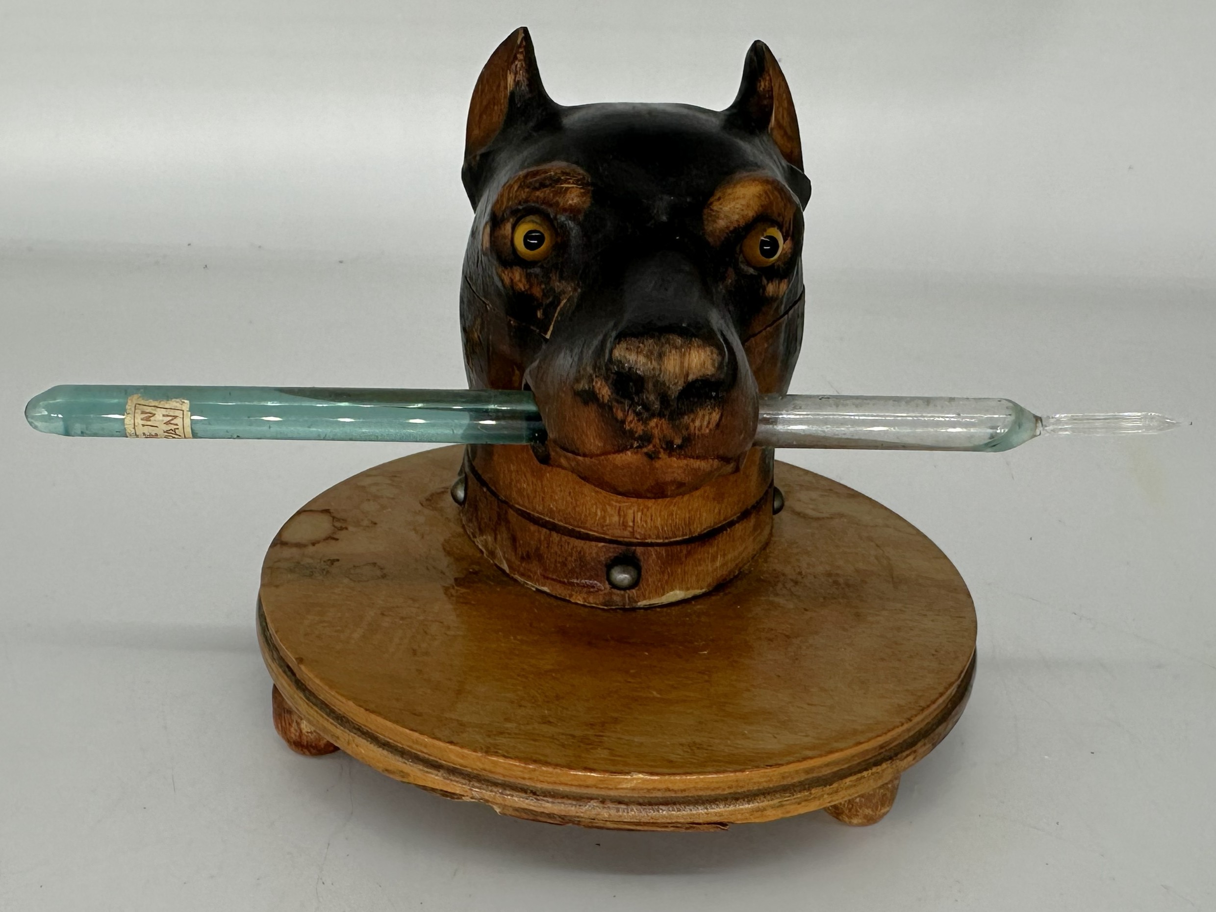 Carved Doberman Pinscher Inkwell