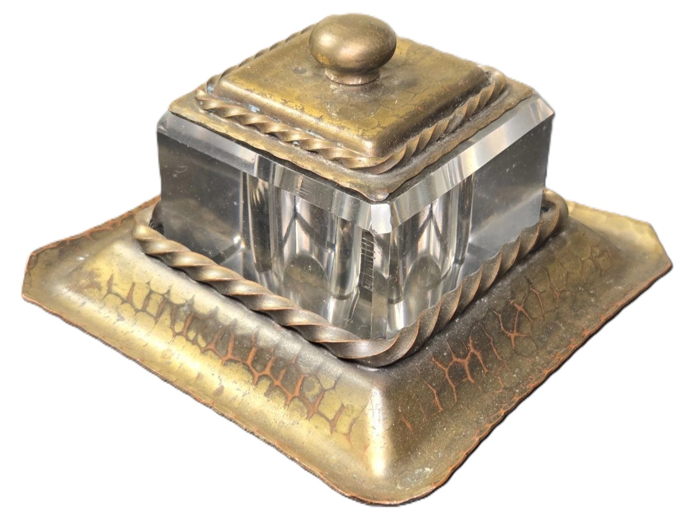 Roycroft Hand-Hammered Copper & Beveled Glass “Rope Braid” Inkstand