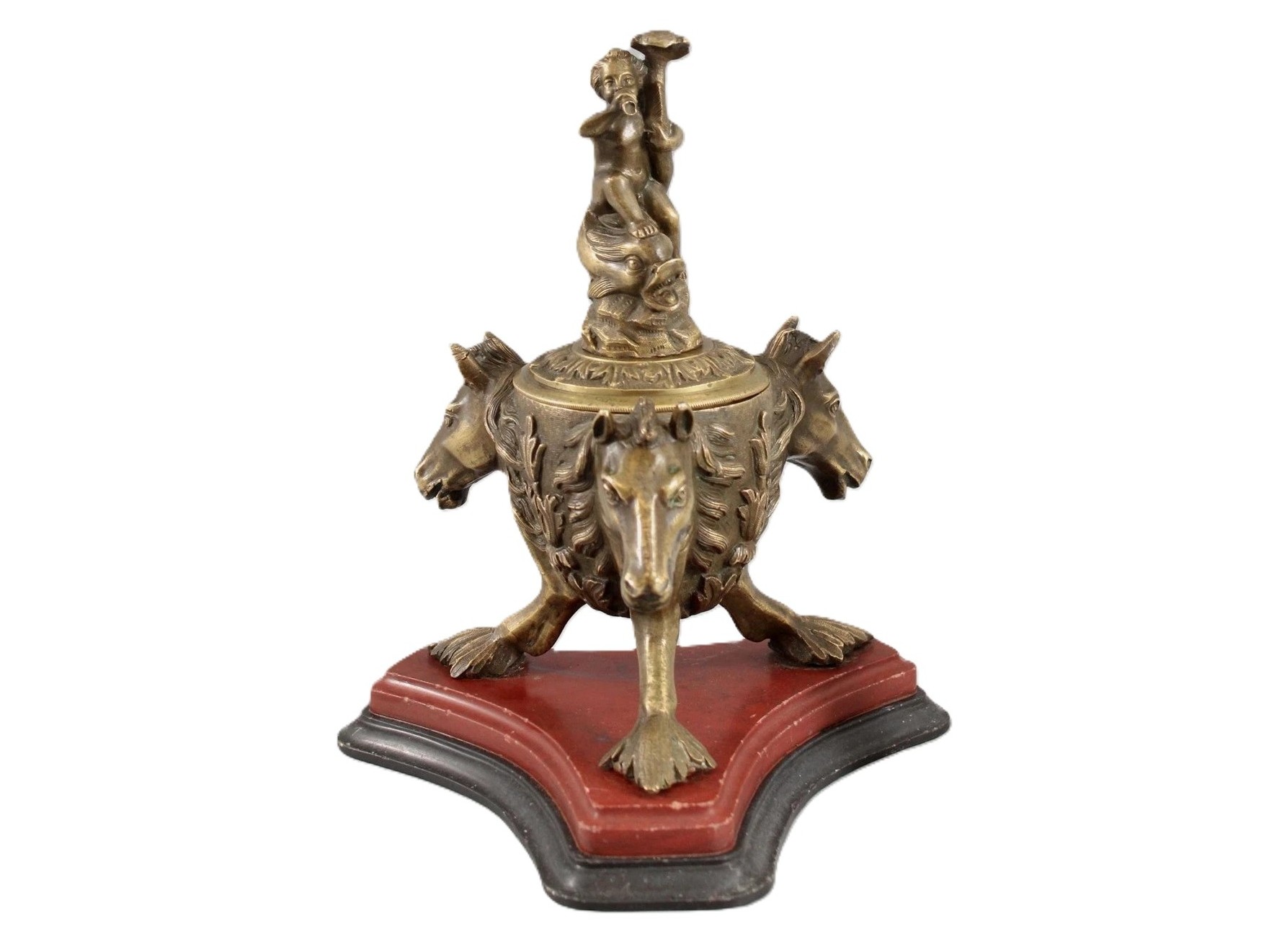 Neoclassical Bronze Inkstand with Triton Putto & Marine Horses