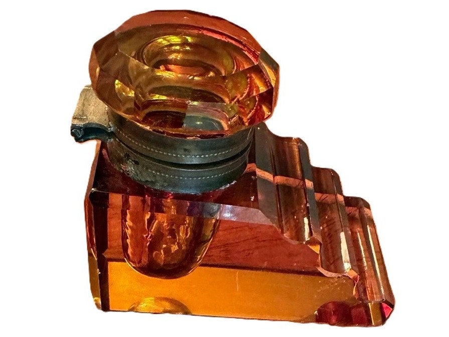 Amber Glass Inkwell with “Stepped” Pen Rest