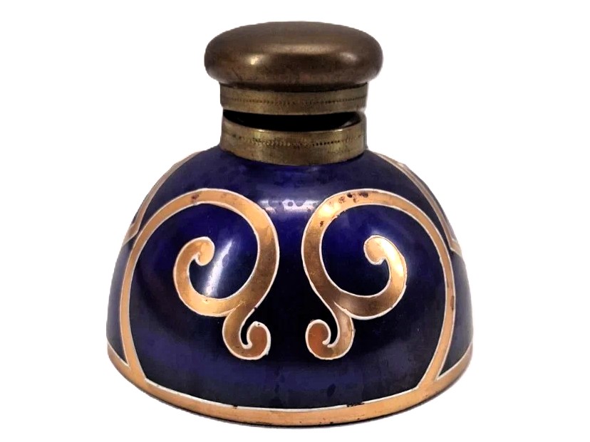 Bohemian Cobalt and Gilt Dome Inkwell with Raised Enamel Scrollwork