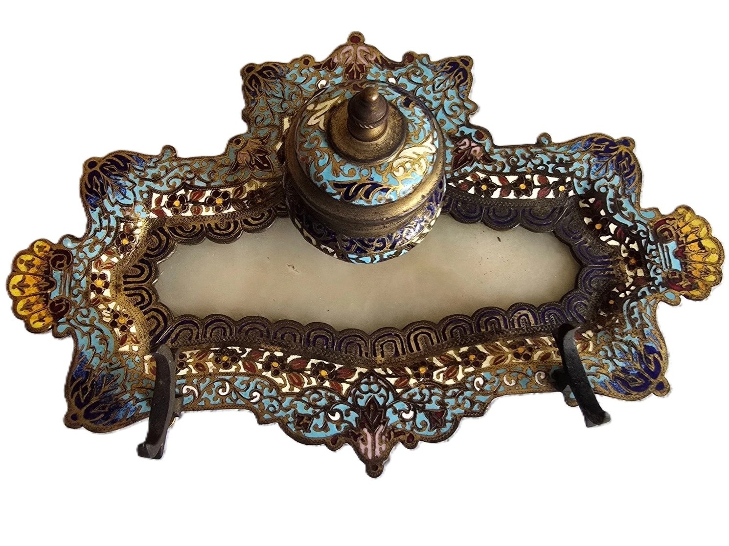 French Champlevé Enamel and Gilt-Brass Inkstand with Pen Holder