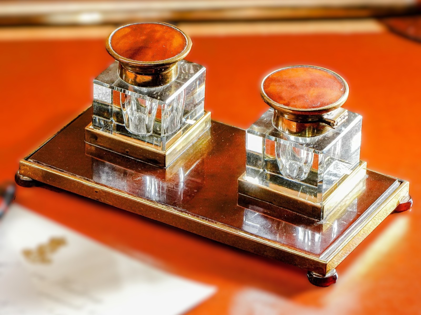 Art Deco Faux-Tortoiseshell and Brass Double Inkstand
