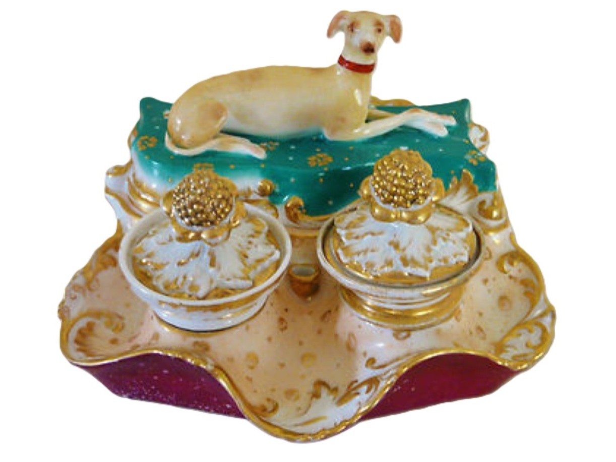 French Rococo Porcelain Greyhound Double Inkstand