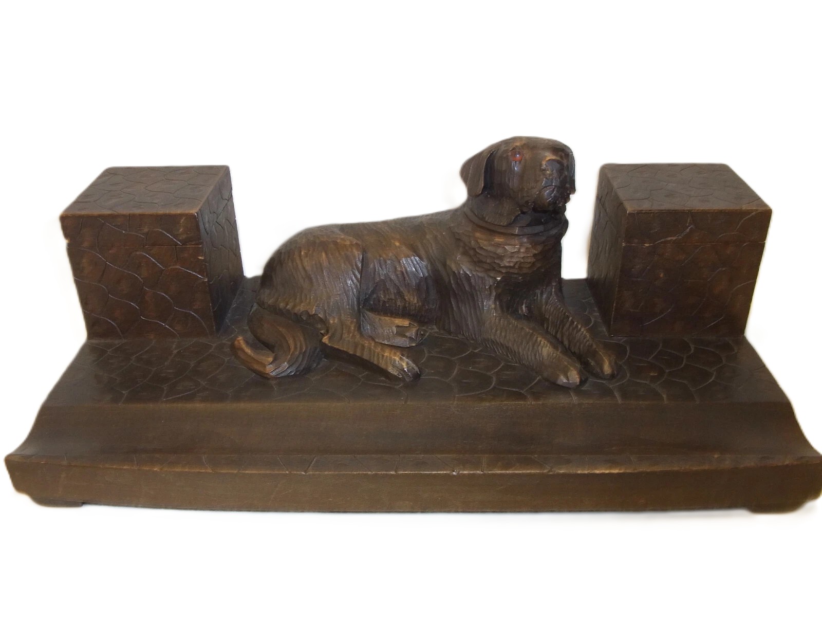 Thuringian Carved Wooden Double Inkstand with Glass-Eyed Dog