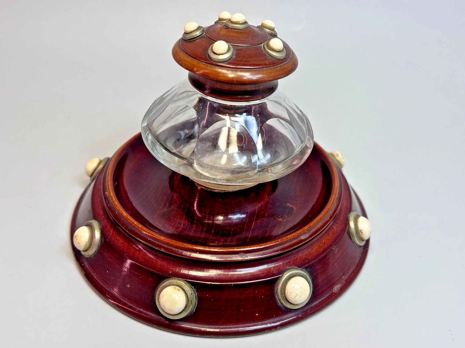 English Glass & Turned Wood Inkstand