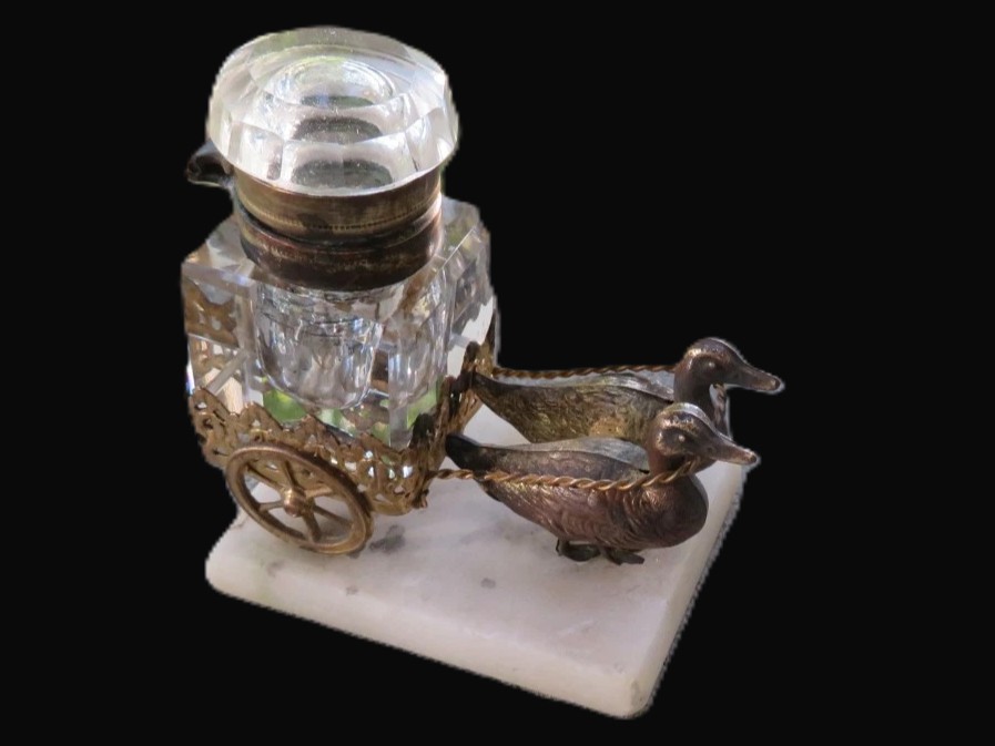 French Alabaster & Bronze Duck Cart Inkstand