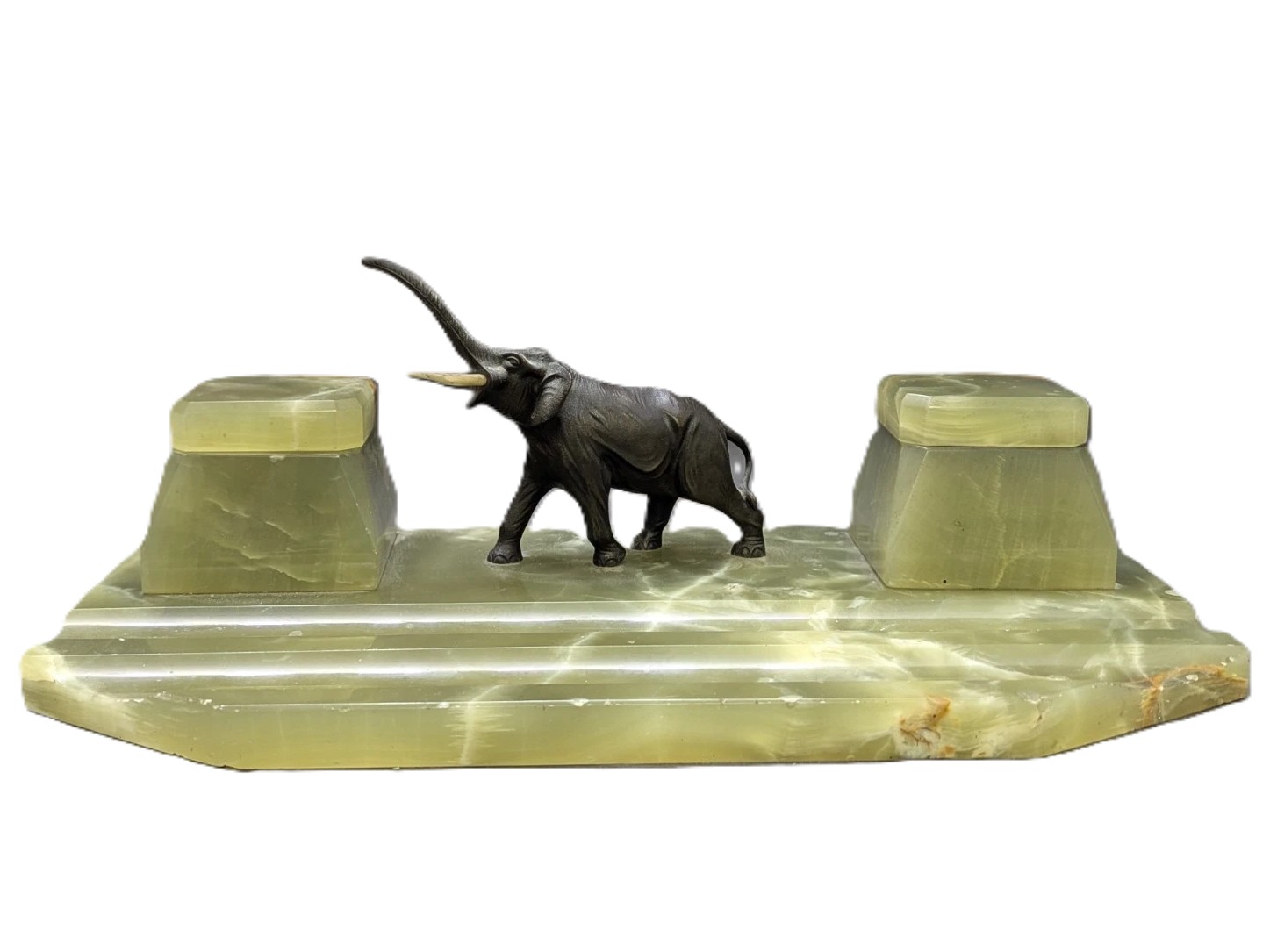Onyx Double Inkstand with Elephant Figurine