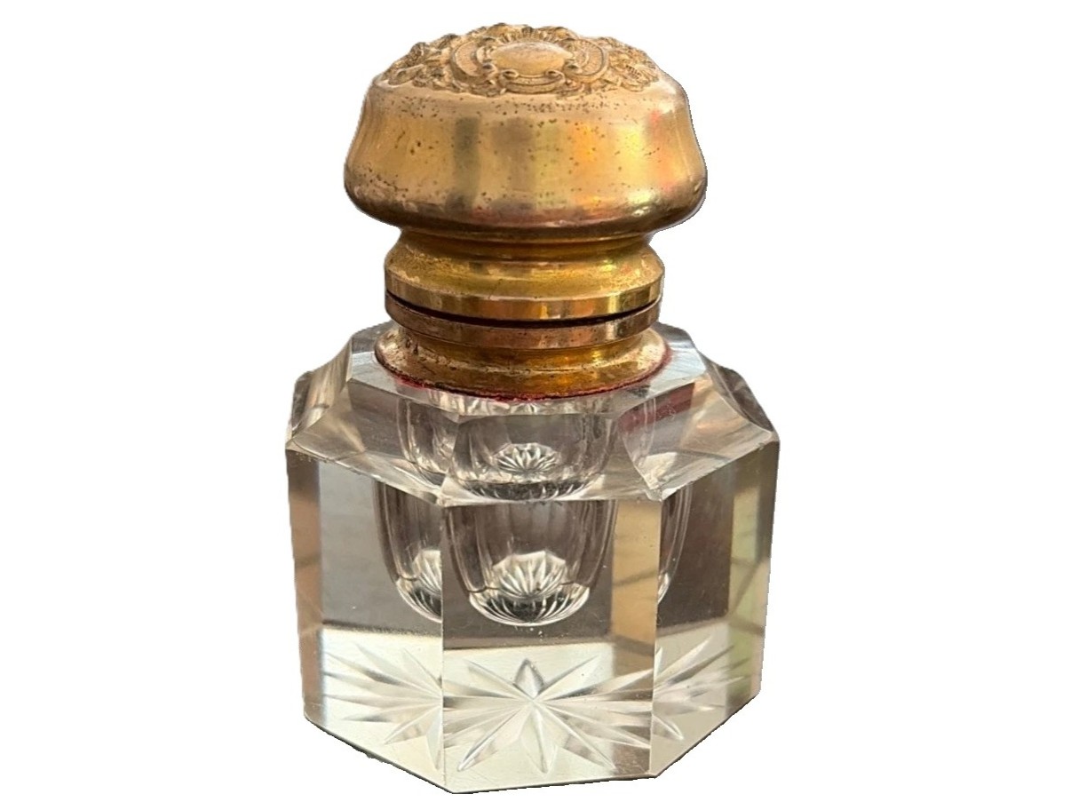 Cut Crystal Inkwell with Repoussé 14K Gold-Filled Lid