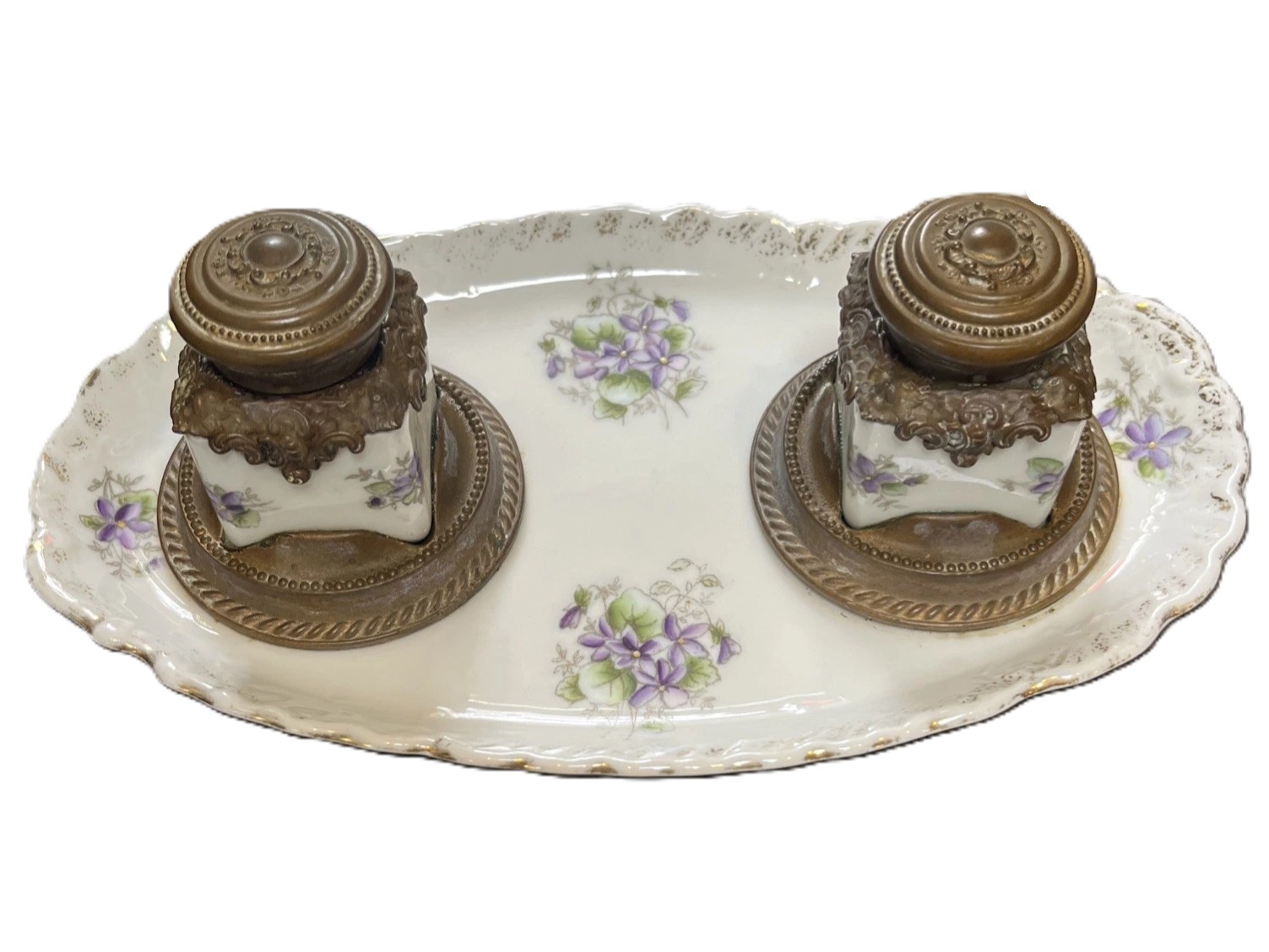 Limoges Hand-Painted Violets Double Inkstand
