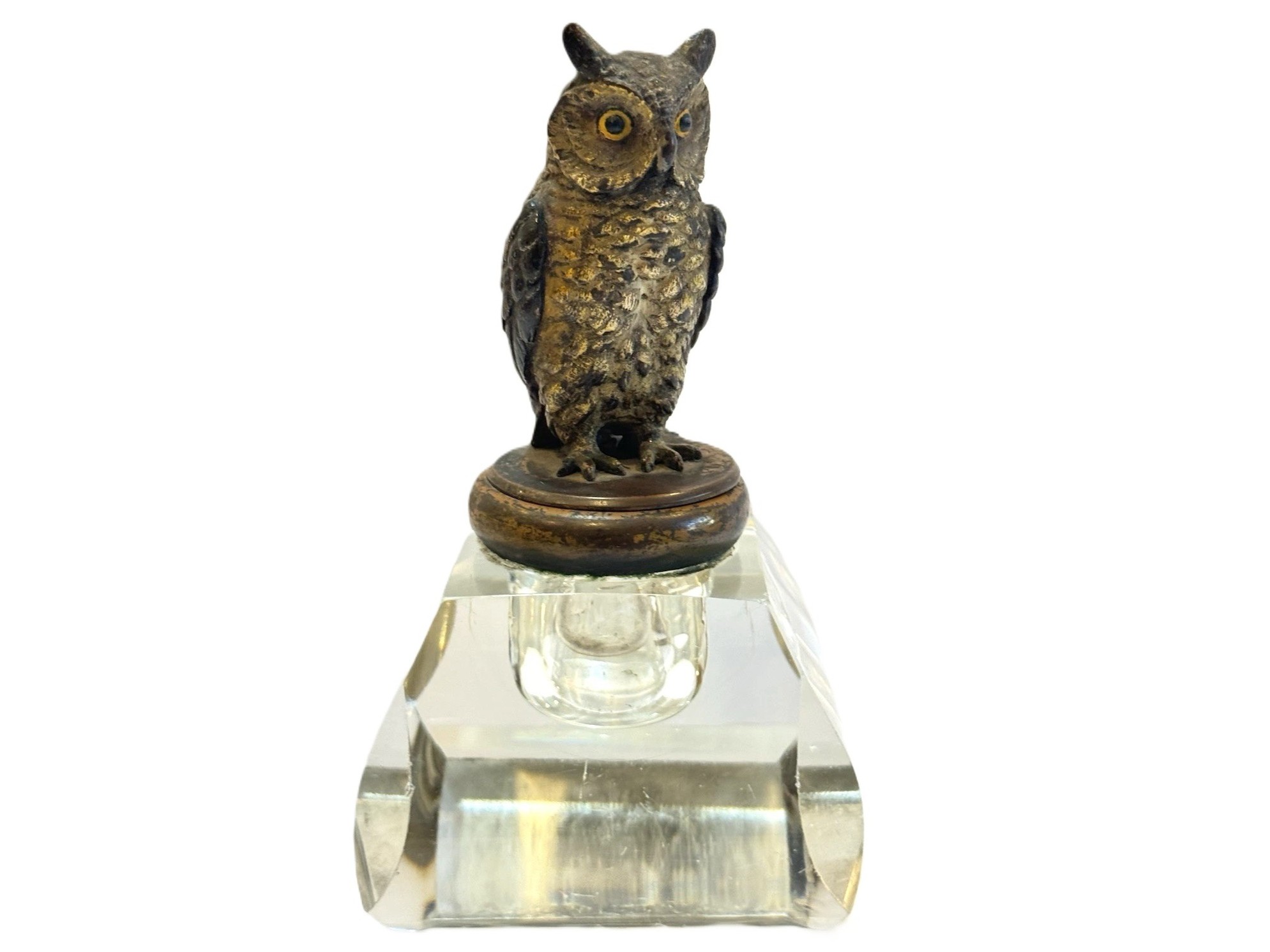 Cast Bronze and Cut Crystal Figural Owl Inkwell