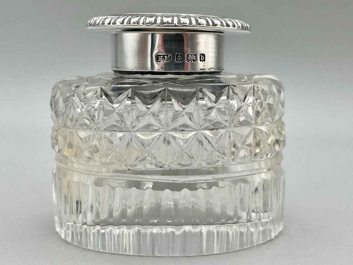 1901 English Sterling-Mounted Oval Inkwell