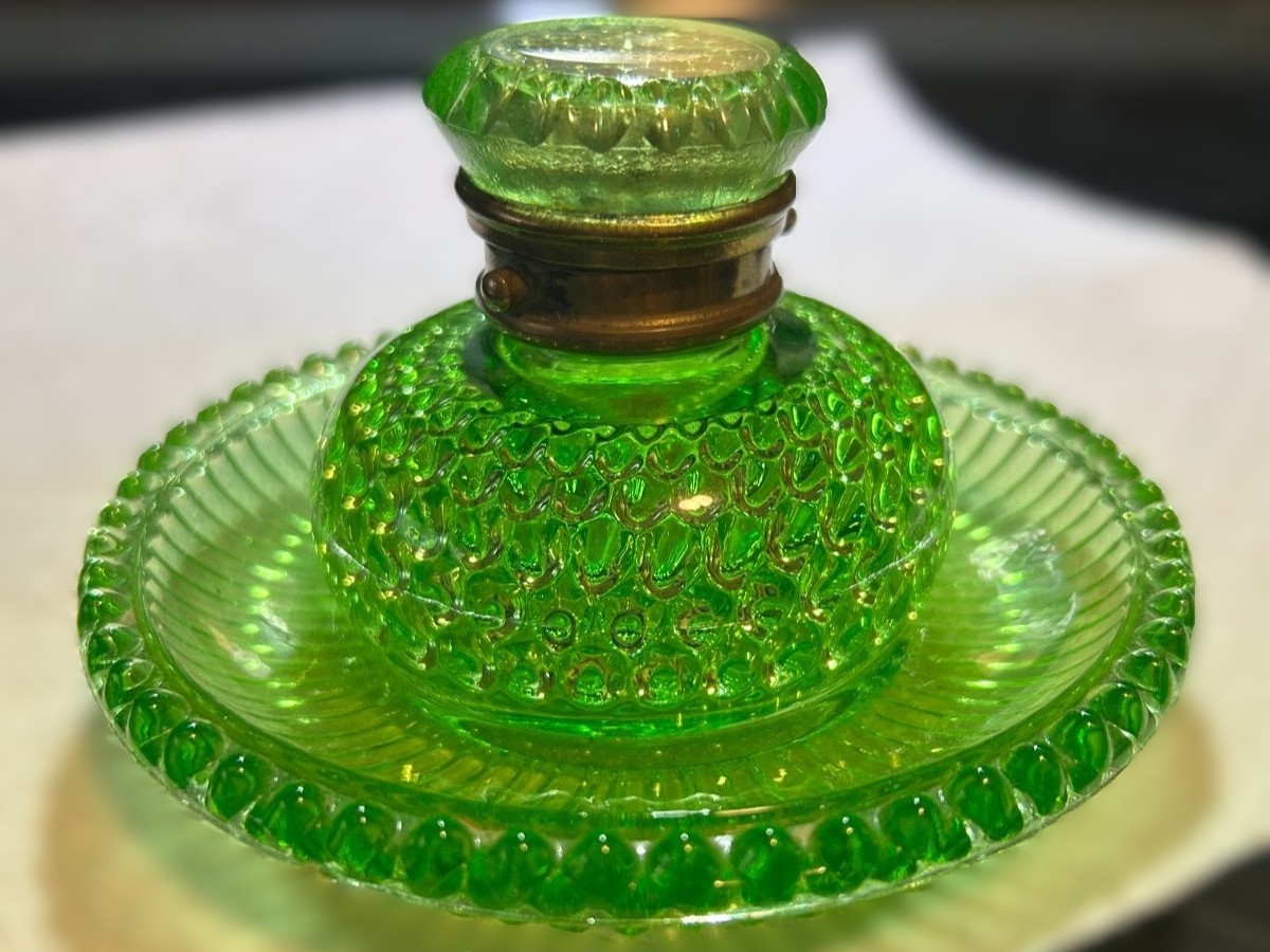 Vaseline Glass Inkwell and Pen Tray