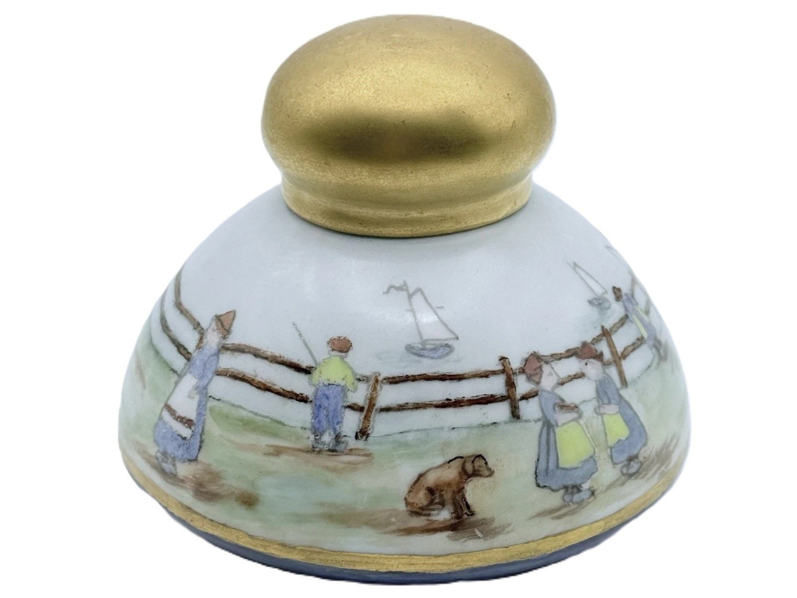 Hand-Painted Dutch Genre Scene Porcelain Inkwell